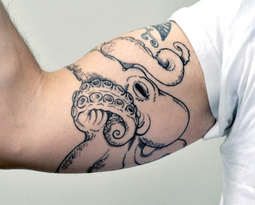 Black Ink Kraken Tattoo On Bicep
