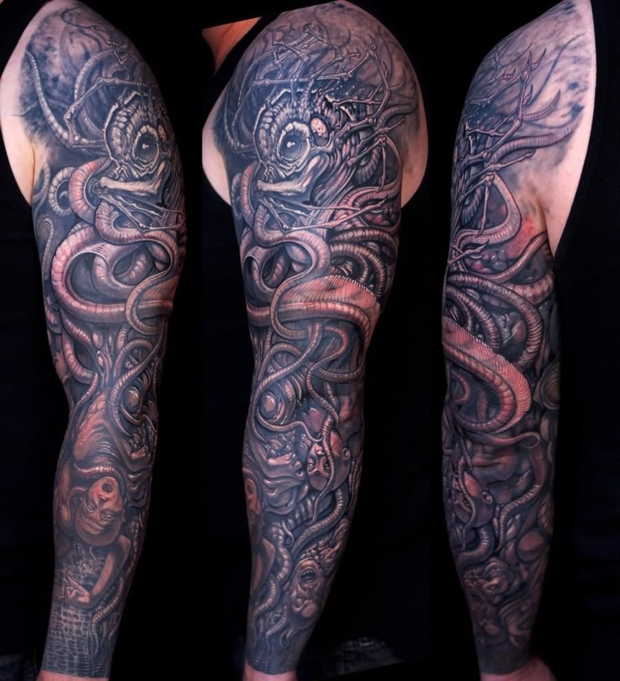 Black Ink Kraken Tattoo On Full Sleeve By DiceCaspian17