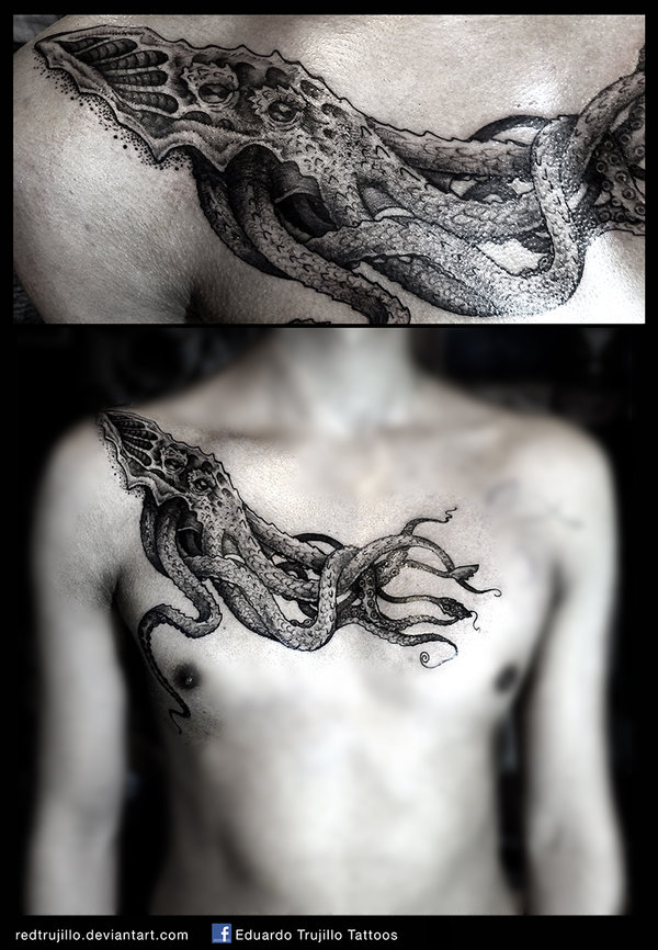 Black Ink Kraken Tattoo On Man Chest