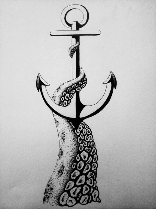 Black Ink Kraken With Anchor Tattoo Design