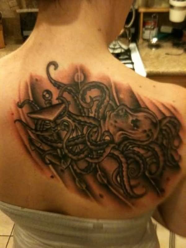 Black Ink Kraken With Anchor Tattoo On Girl Upper Back