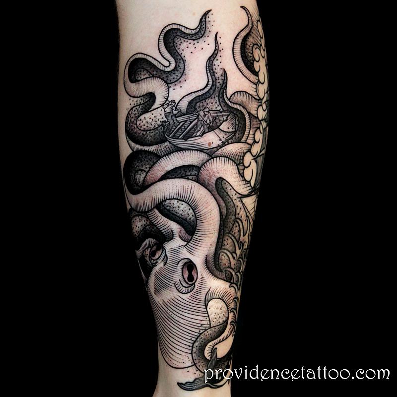 Black Ink Kraken With Ship Tattoo Design For Leg
