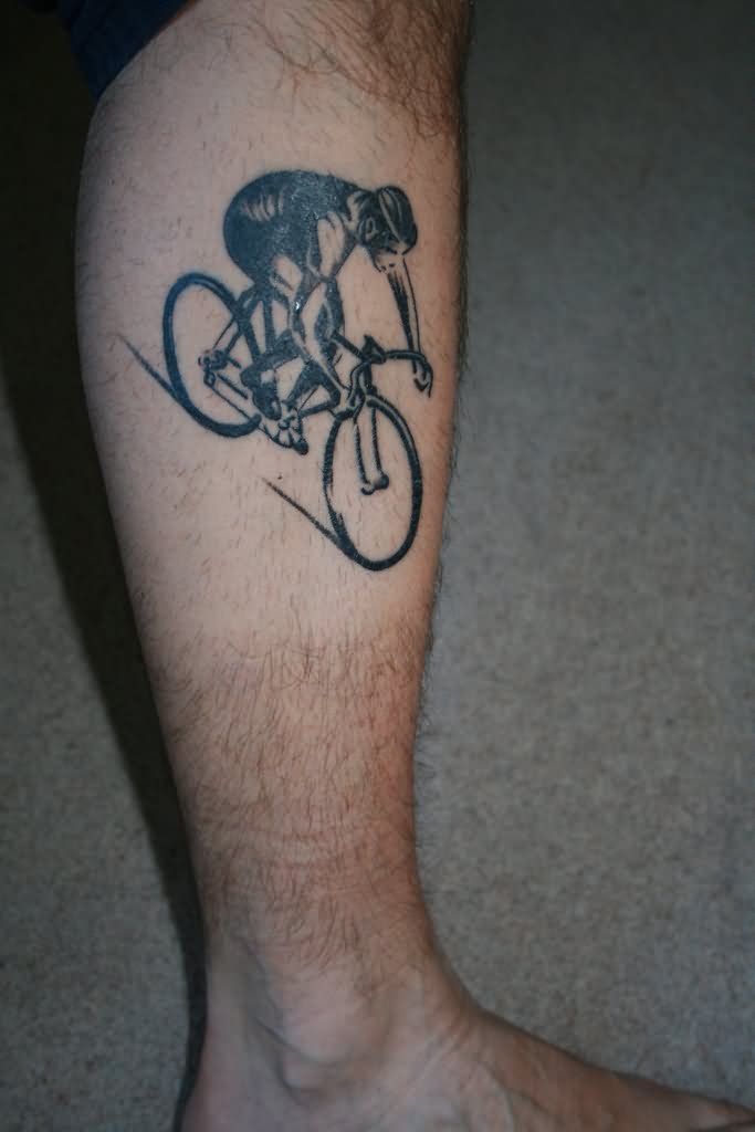 Black Ink Rider Tattoo On Leg Calf
