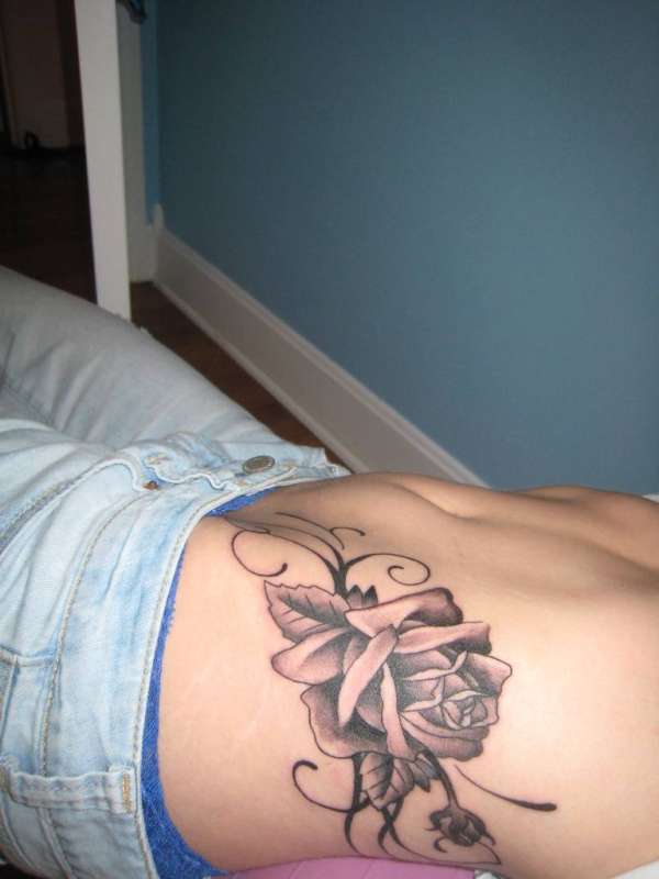 Black Ink Rose Tattoo On Side Belly