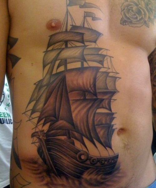 Black Ink Ship Tattoo On Man Side Belly
