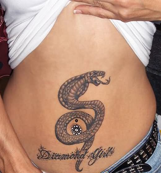 Black Ink Snake Tattoo On Belly