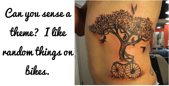 Black Ink Tree Riding Bike Tattoo On Side Rib