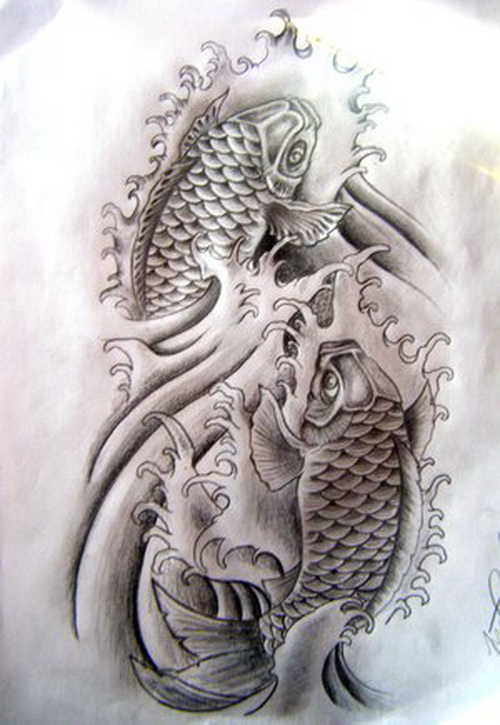 Black Ink Two Carp Fish Tattoo Design