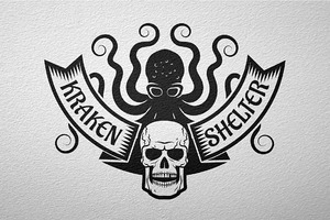 Black Kraken With Skull And Banner Tattoo Design