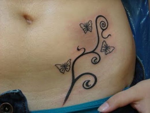 Black Little Butterflies Tattoo On Belly