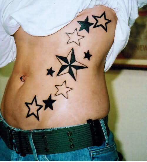 Black Nautical Stars Tattoo On Side Belly