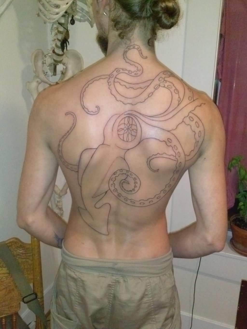Black Outline Kraken Tattoo On Man Full Back By Wikidtron