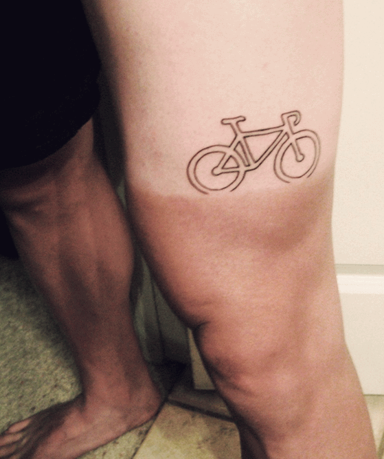 Black Outline Mountain Bike Tattoo On Thigh