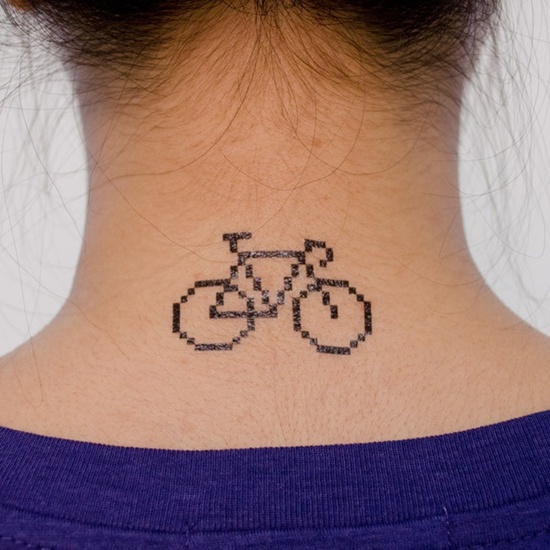 Black Pixel Simple Bike Tattoo On Back Neck