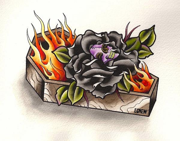 Black Rose And Flaming Coffin Tattoo Design