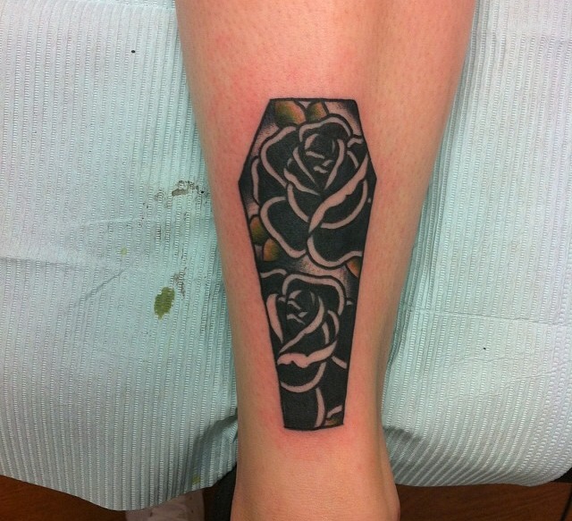 Black Rose Flowers Coffin Tattoo On Leg