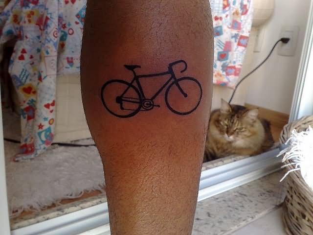 Black Simple Bike Tattoo On Leg Calf