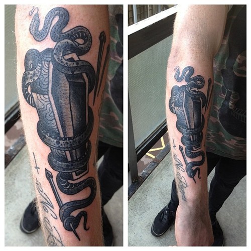 Black Snake And Coffin Tattoo On Arm Sleeve