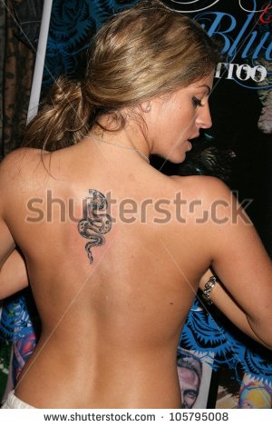 Black Snake Tattoo On Celebrity Bridgetta Tomarchio Upper Back