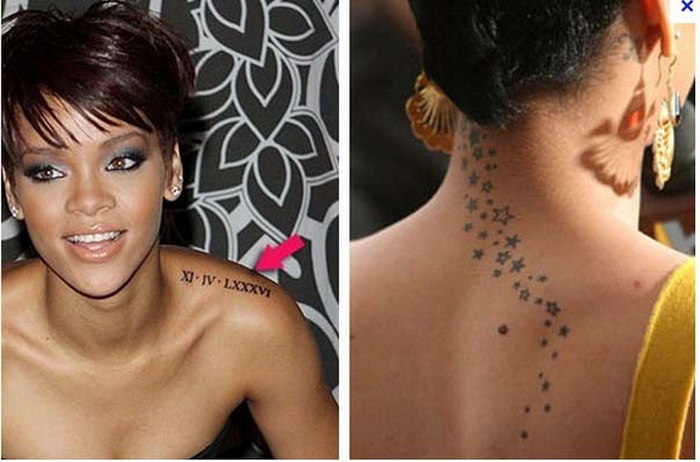 Black Stars Tattoo On Celebrity Rihanna Back Neck