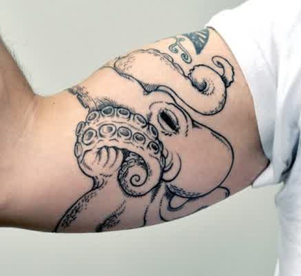 Black Traditional Kraken Tattoo On Bicep