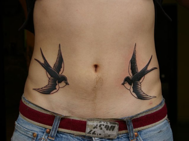 Black Two Flying Birds Tattoo On Belly