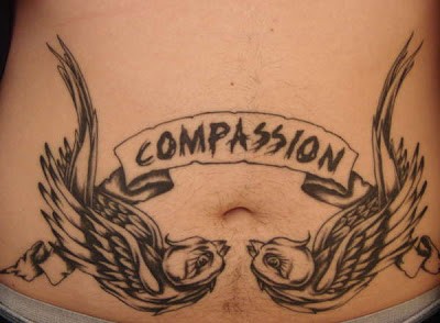 Black Two Flying Birds With Compassion Banner Tattoo On Belly