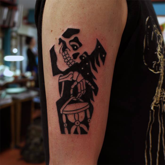 Black White Scary Coffin Tattoo On Half Sleeve