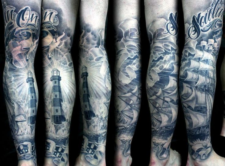 Black and Grey Ship Lighthouse Tattoo On Leg Sleeve