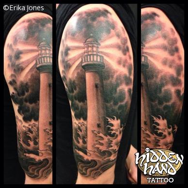 Blak Ink Lighthouse Tattoo On Man Left Half Sleeve