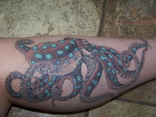 Blue And Grey Octopus Thigh Tattoo