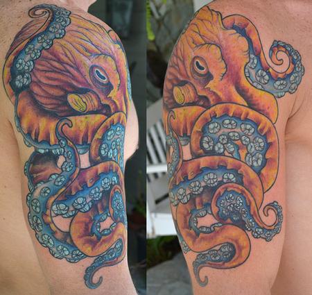 Blue And Orange Ink Octopus Sleeve Tattoo