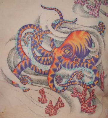 Blue And Orange Octopus Tattoo Design