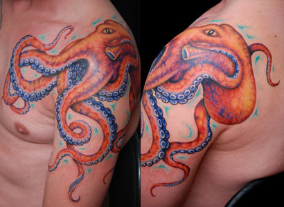 Blue And Orange Octopus Tattoo On Right Shoulder