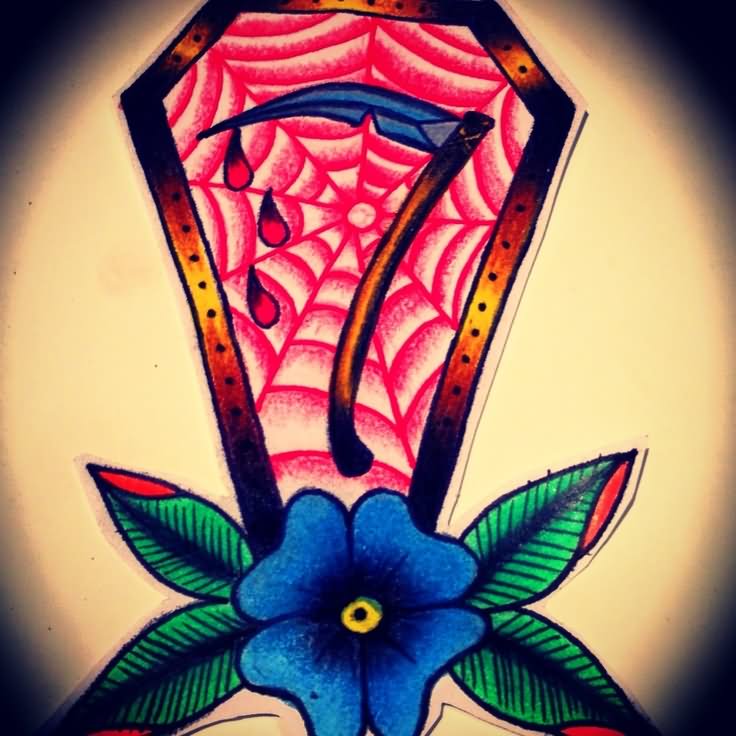 Blue Flower And Coffin Tattoo Design