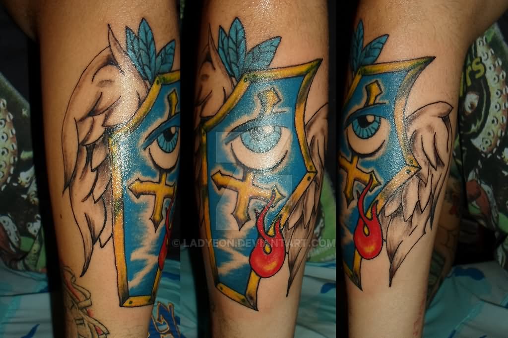 Blue Ink Coffin Tattoo On Leg by Ladyeon