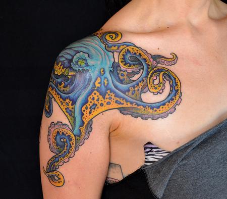 Blue Ink Octopus Tattoo On Shoulder For Girls