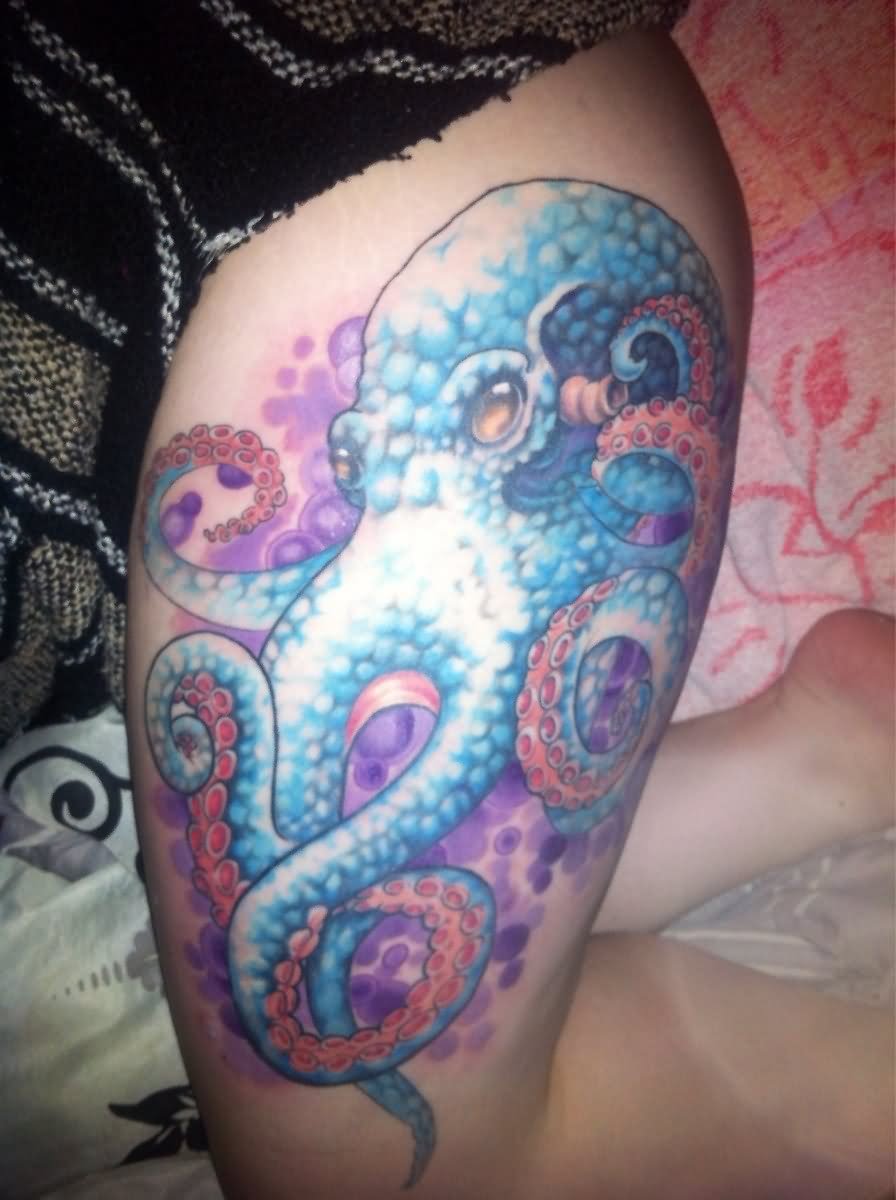 Blue Ink Octopus Tattoo On Thigh