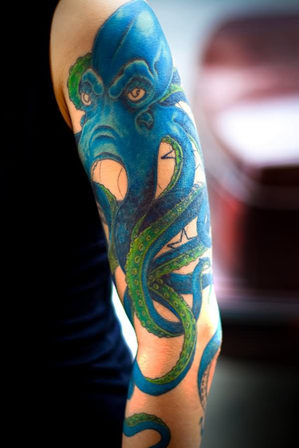 Blue Octopus Full Sleeve Tattoo