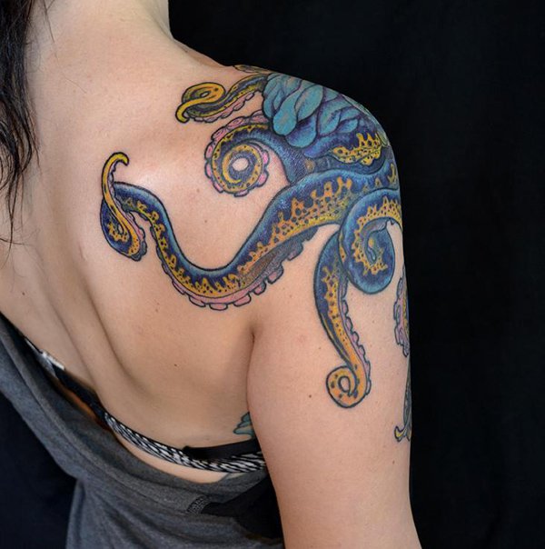 Blue Octopus Tattoo On Shoulder
