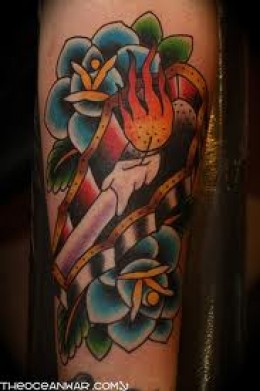 Blue Rose Flowers And Burning Candle Coffin Tattoo