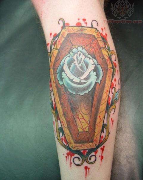 Blue Rose Skeleton Coffin Tattoo On Leg