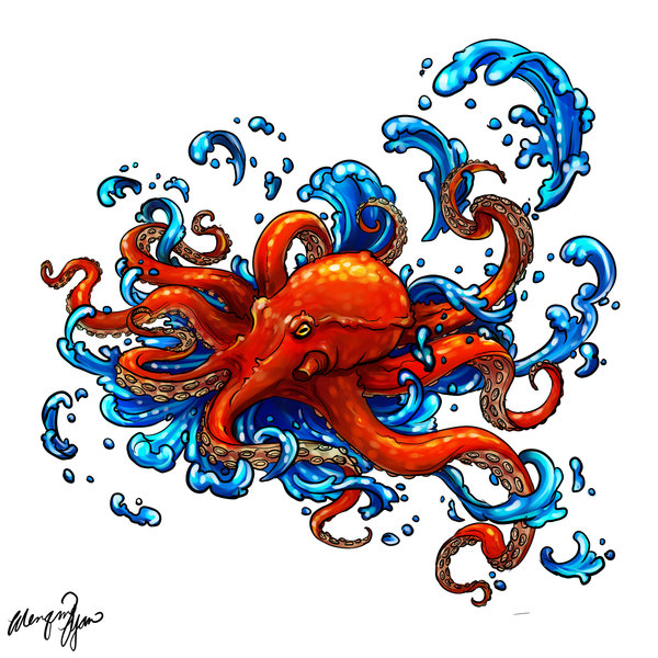 Blue Water And Octopus Tattoo Design by Yuumei