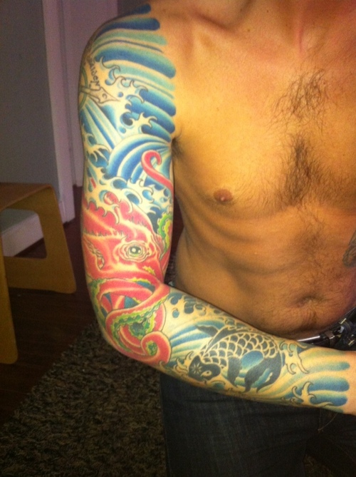 Blue Water Ocean Octopus Sleeve Tattoo For Men