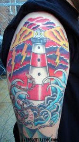 Blue Water and Lighthouse Tattoo On Man Right Half Sleeve