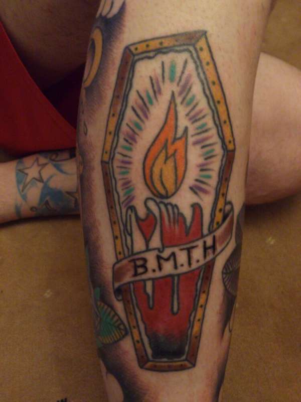 Burning Candle Coffin Tattoo On Leg