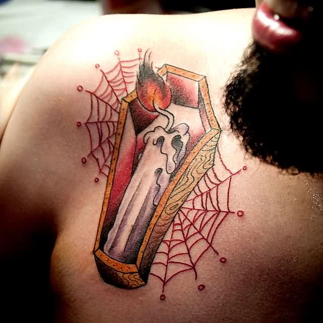 Burning Candle Coffin Tattoo On Chest For Men