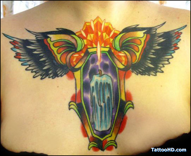 Burning Candle Coffin Tattoo On Chest