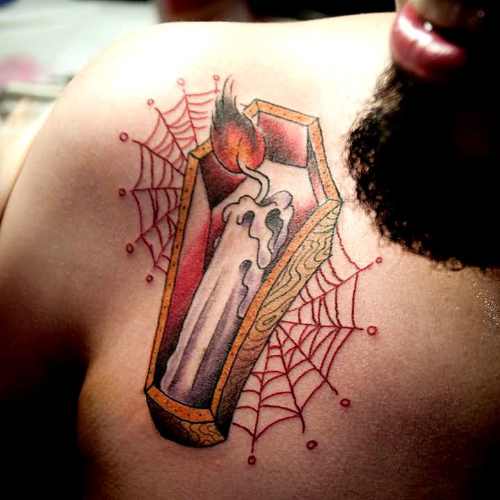 Burning Candle Coffin Tattoo On Man Front Shoulder