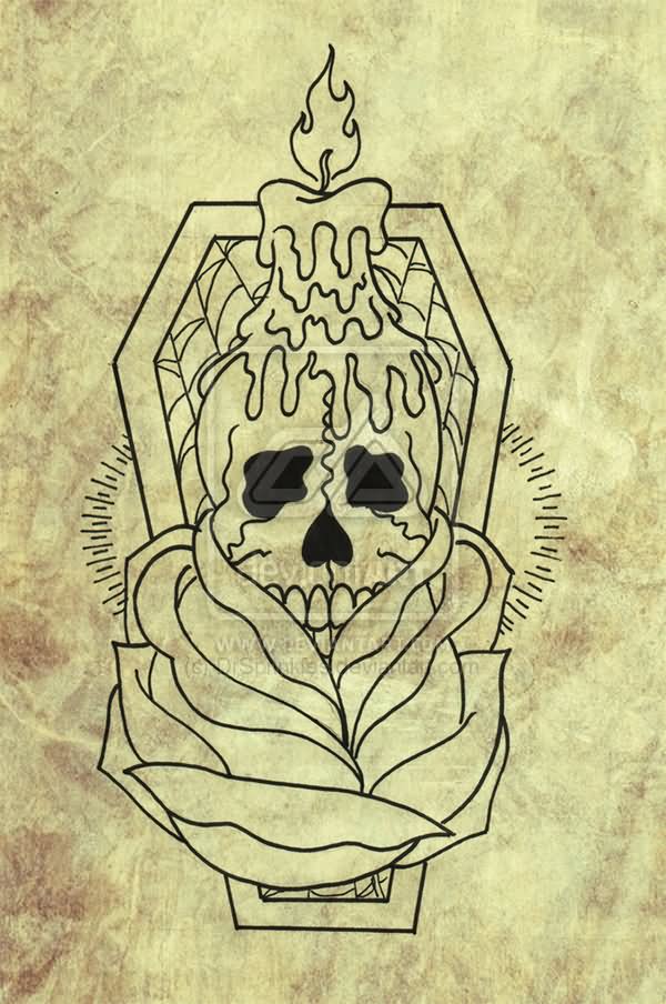 Burning Candle On Skull With Rose Flower Coffin Tattoo Design